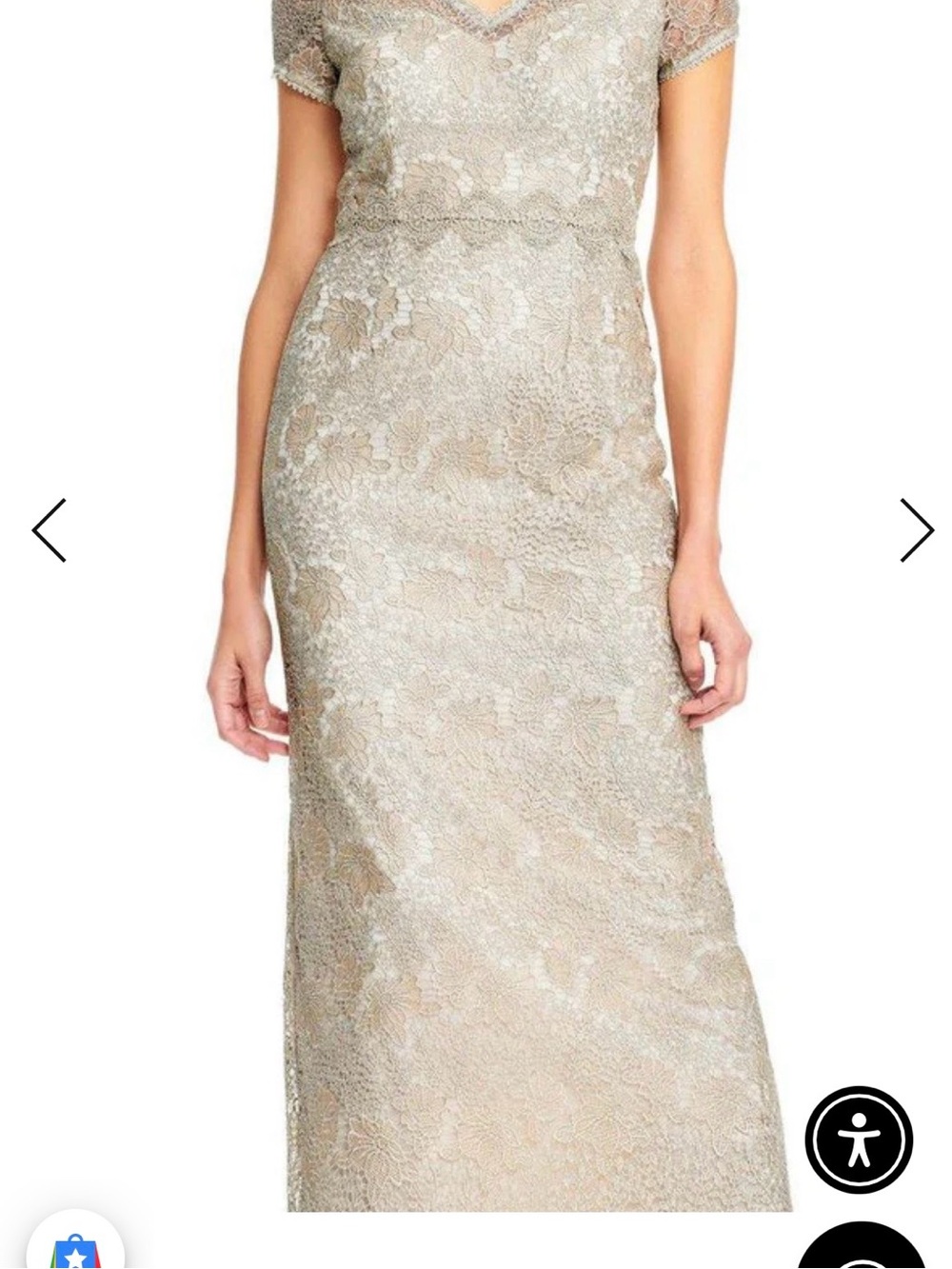 Adrianna Papell Evening gown, Short Sleeve Slit Back Metallic Lace Dress
